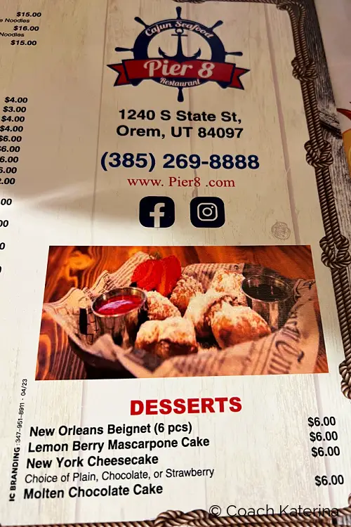 Pier 8 Cajun Restaurant Showing Their Contact Number and Dessert Options