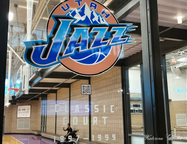 Utah Jazz bastketball team logo at the court inside the Provo Recreation Center