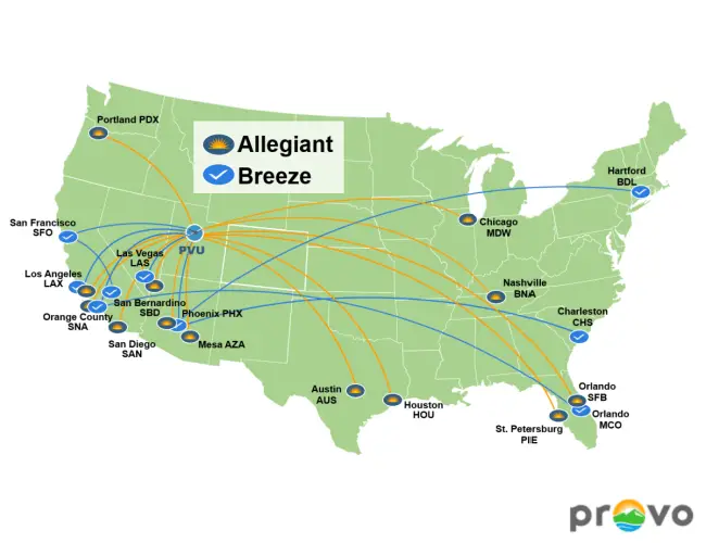 Map showing flights to and from Provo Municipal Airport