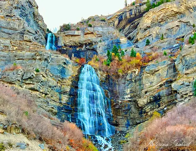 A close up photo of Bridal Veil Falls in Provo Canyon Utah