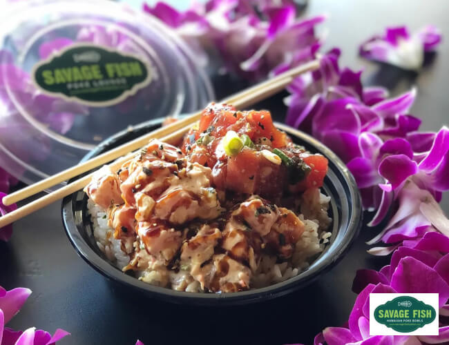 Photo showing one of Savage Fish Restaurant's Hawaiian Poke Bowl combinations with rice as a base and ahi as its toppings