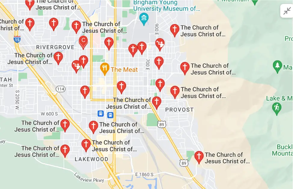 Map showing Church of Jesus Christ of the Latter Day Saints Temples in Provo and neighboring cities
