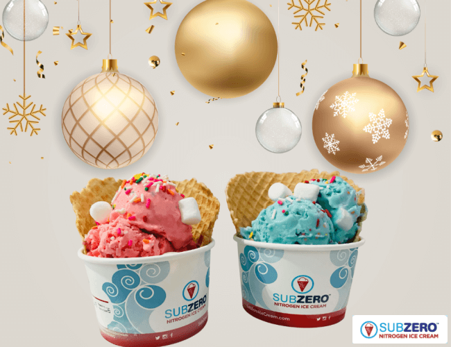 Photo of two cups filled with nitrogen ice cream surrounded with festive decorations