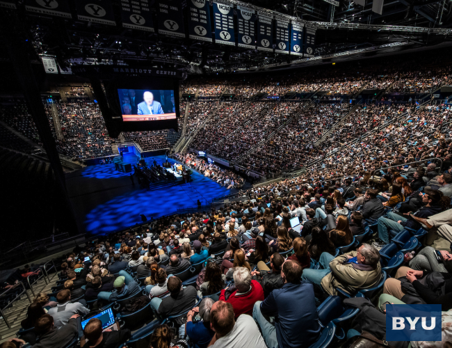 Photo showing one of the Devotional events at Brigham Young University Mariott Center in Provo Utah