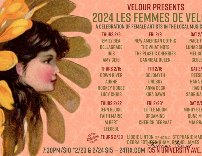 Les Femmes De Velour event in Provo, Utah, showcasing female artists performing live music on stage, with an atmosphere of empowerment and creativity.
