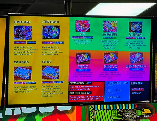 Photo of the menu board at Jurassic Street Tacos in Orem Utah by Katerina Gasset of the Gasset Group Real Estate Team, restaurant reviewer and owner of the Move to Provo Utah website…