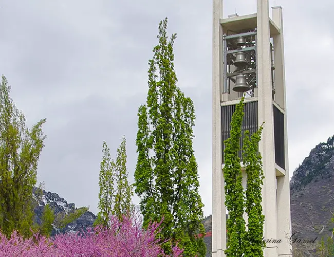 Enchanting Carillon Concert in Provo, Utah, with a skilled carillonneur playing a majestic carillon, set against a scenic backdrop, drawing a captivated audience.