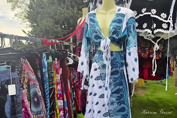 Stylish Handmade Dresses at Orem Farmer’s Market Blue and white handmade dress on a mannequin at the Orem Farmer’s Market, surrounded by colorful artisan skirts and clothing.