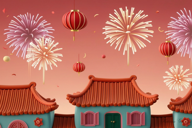 Colorful 2026 Lunar New Year celebration scene with fireworks, red lanterns, and festive rooftops representing community festivities in Orem, Utah
