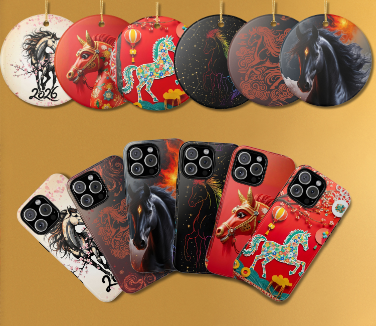 Collection of 2026 Lunar New Year Year of the Horse phone cases and hanging ornaments with red, black, and gold festive designs for Orem, Utah celebration and gifts