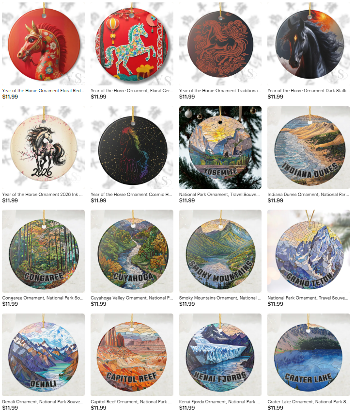 Year of the Horse 2026 Christmas ornaments and U.S. National Park travel souvenir ornament collection displayed in an online store grid. Circular hanging ornaments feature Chinese Zodiac horse designs in red floral art, neon comic-style horse illustration, traditional Chinese pattern artwork, and dark fantasy stallion art priced at $11.99. The collection also includes illustrated National Park ornaments such as Yosemite, Indiana Dunes, Congaree, Cuyahoga Valley, Smoky Mountains, Grand Teton, Denali, Capitol Reef, Kenai Fjords, and Crater Lake, designed as scenic travel keepsakes and holiday decorations.