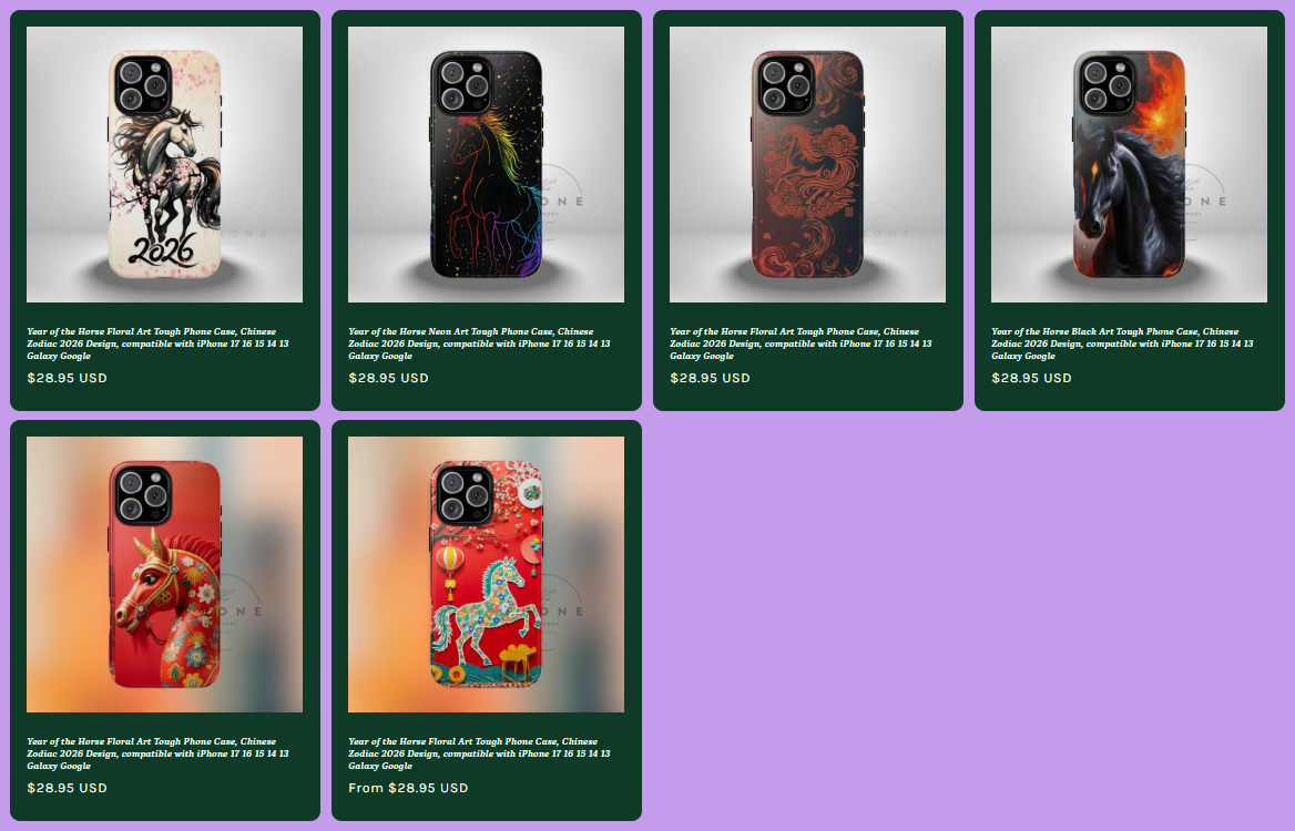 Year of the Horse 2026 tough phone case collection featuring multiple Chinese Zodiac horse designs displayed in an online shop layout. Designs include floral red horse artwork, neon rainbow horse illustration on black background, traditional Chinese ink-style horse, dramatic black stallion with fiery accents, and decorative folk-art inspired horse patterns in red and gold. Compatible with iPhone 17, 16, 15, 14, 13 and Galaxy models, these Chinese Zodiac 2026 phone cases showcase Lunar New Year aesthetics, cultural symbolism, and protective slim tough case design starting at $28.95 USD.