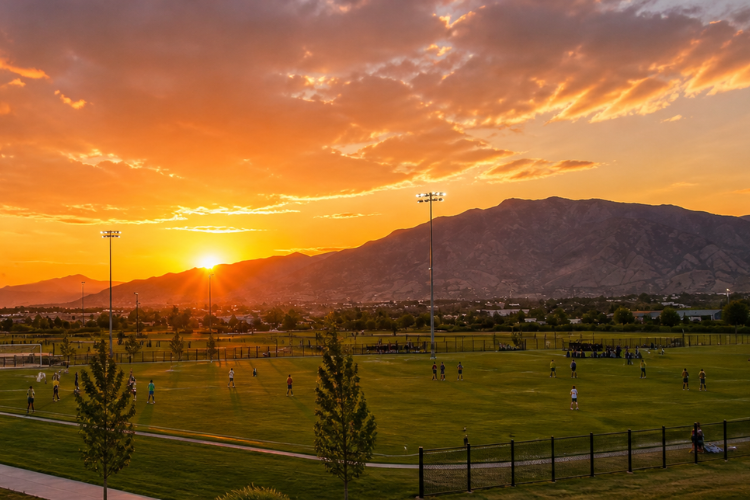 Golden sunset over EPIC Sports Park in Provo Utah with soccer fields filled with players, warm orange sky, and scenic Wasatch Mountain views during evening outdoor recreation in Utah County