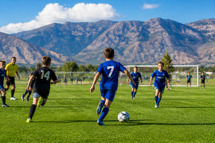 Kids playing soccer at EPIC Sports Park in Provo Utah with green grass fields, youth players in action, and Wasatch Mountains in the background on a bright sunny day in Utah County