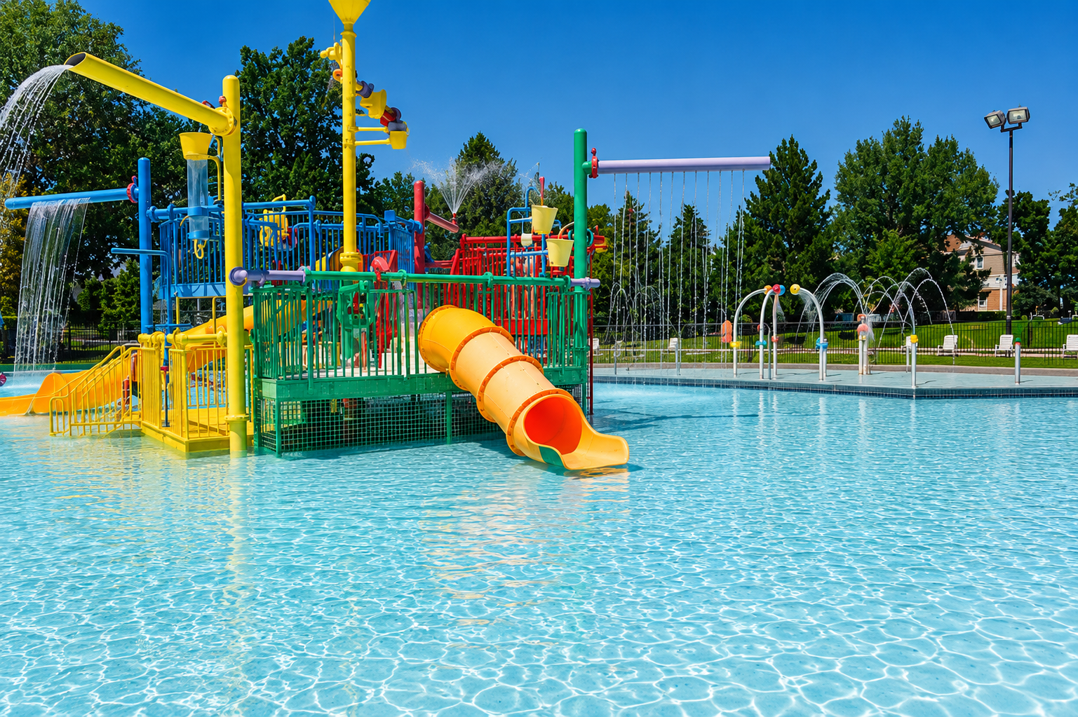 Colorful outdoor splash pad and children’s water playground at the Provo Recreation Center in Provo Utah featuring water slides, spray features, shallow swimming areas, and family-friendly summer recreation amenities in Utah County under a bright blue sky