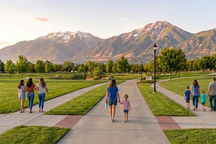 Families and community members walking along paved pathways near the Provo Recreation Center in Provo Utah with stunning Wasatch Mountain scenery in the background, promoting healthy lifestyles, community engagement, outdoor recreation, and improved food access in Utah County.
